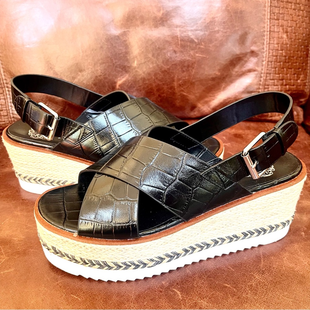 Vince Camuto Marietter Genuine Croc Embossed Leather Wedge Slingback Sandals Sz8 - Picture 8 of 14